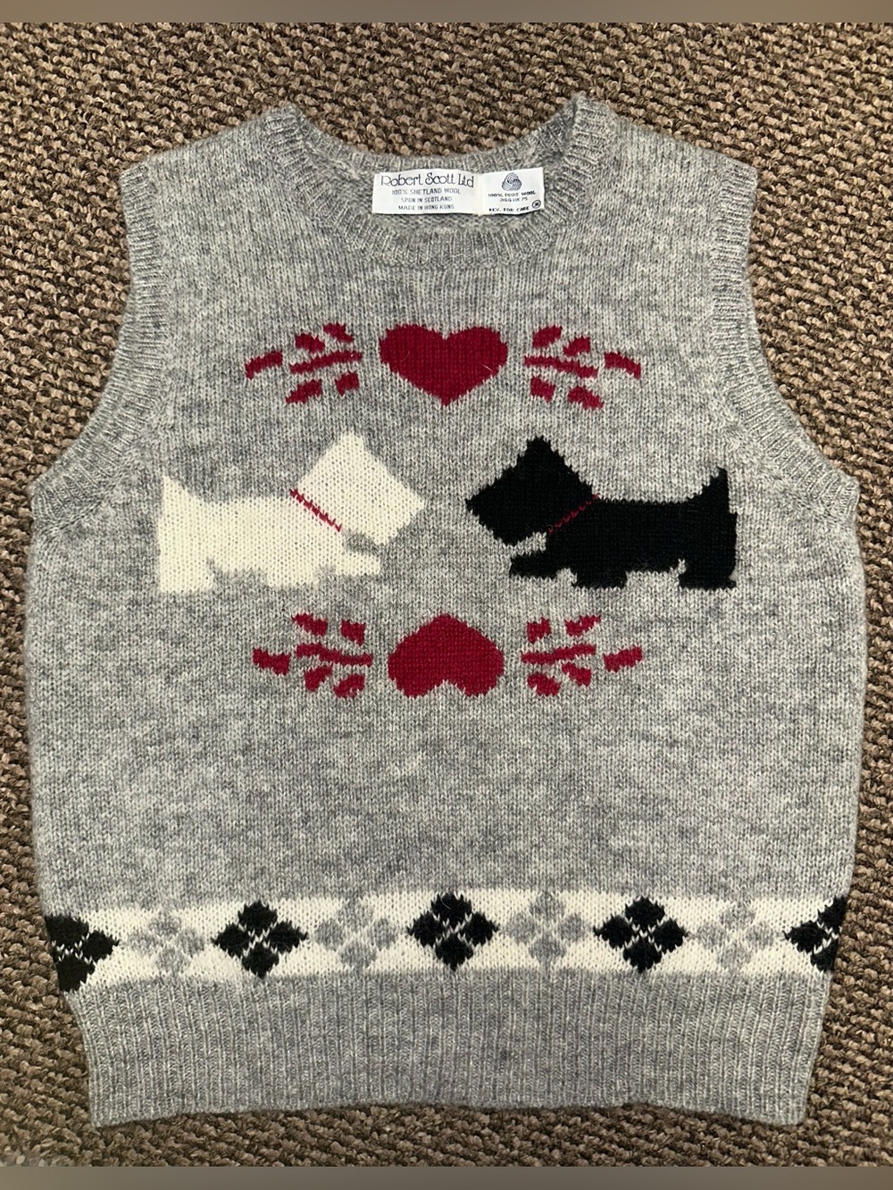 Robert Scott Ltd Vintage Shetland Wool Sweater Vest Gray Scottie Dog 36 MINT!